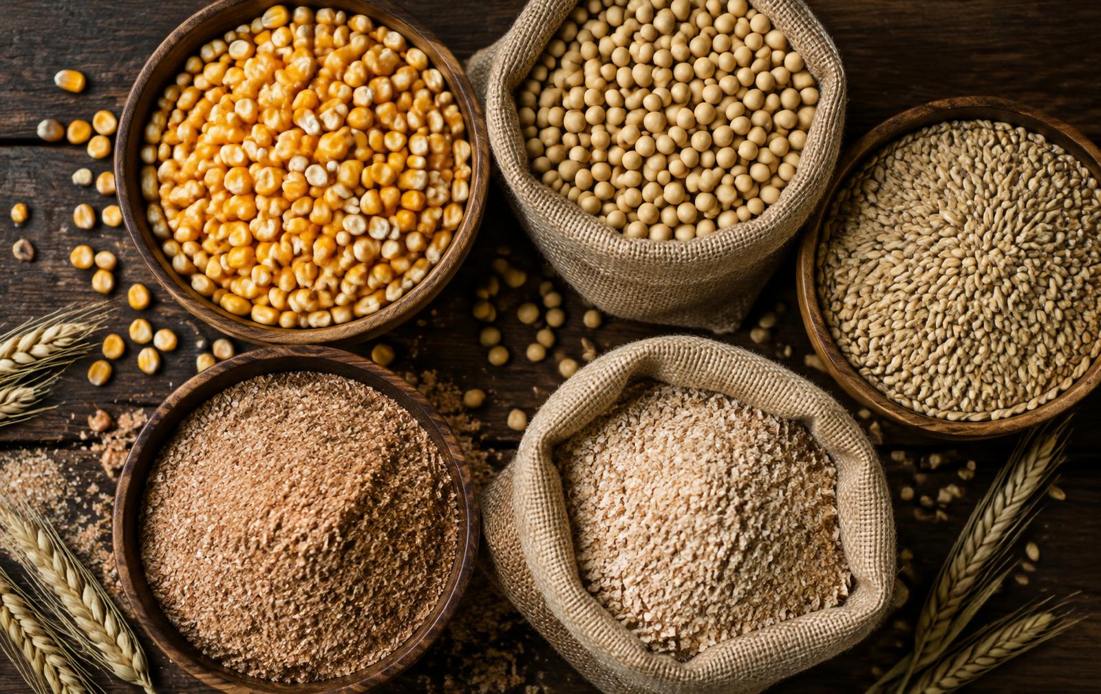Maize, soybeans, barley and bran
