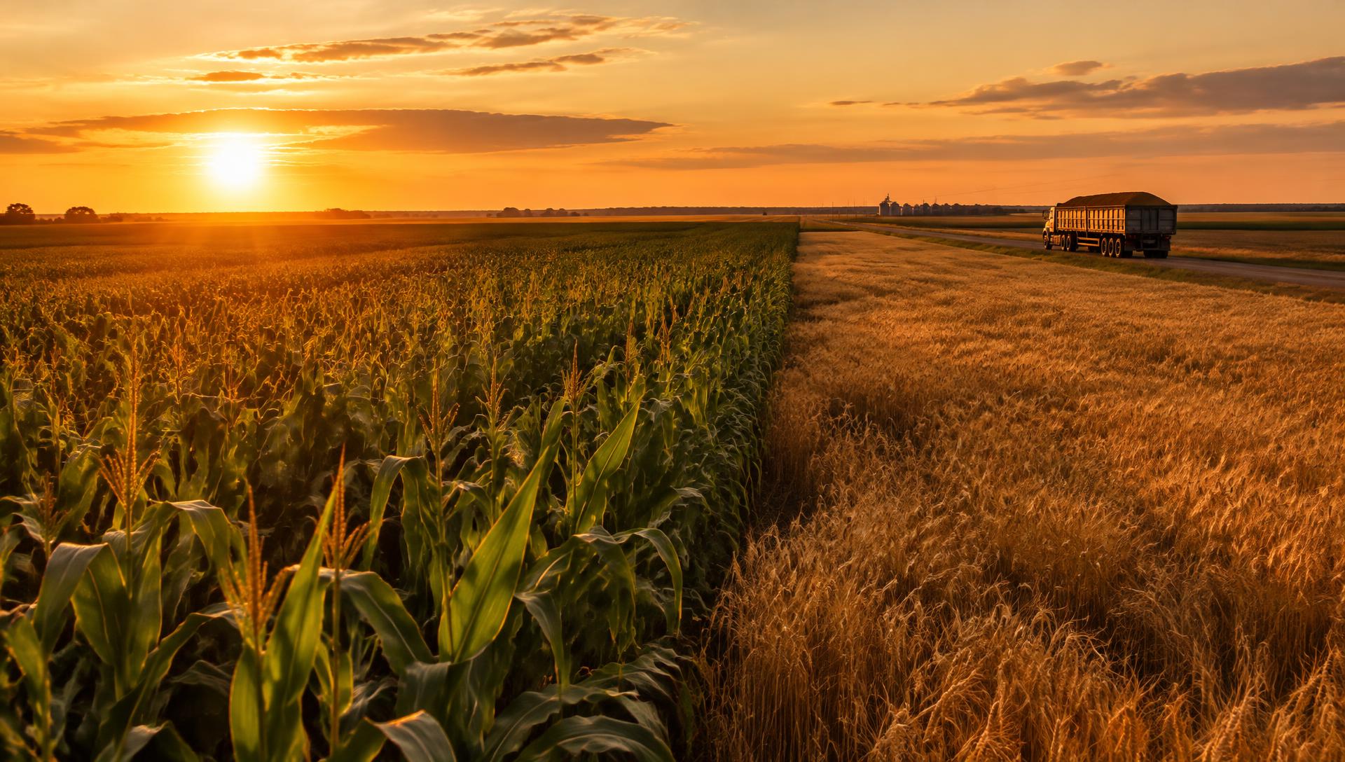 Agricultural fields with a grain truck on the road
